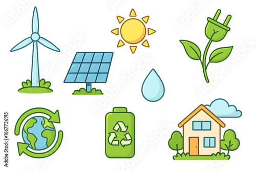 Renewable energy symbols illustrating diverse sustainable technologies and eco-friendly practices for a clean future concept, cartoon vector illustration on transparent background