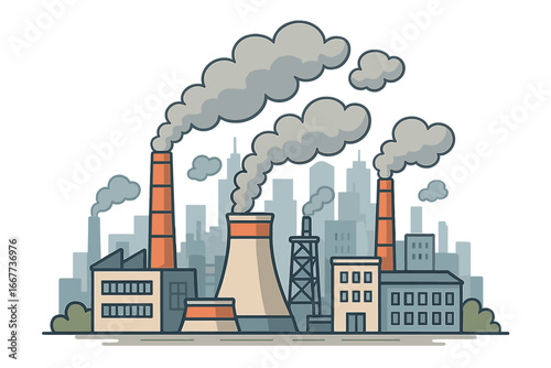 Industrial factory with smokestacks emitting smoke. Air pollution concept. CO2 emissions and environmental problem. Power plant in city. Global warming and climate change.