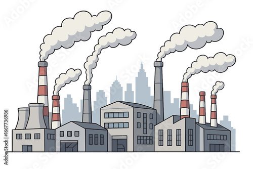 Industrial factory buildings with smoking chimneys. Air pollution, CO2 emissions concept. Power plant, manufacturing vector illustration. Environmental issue, global warming.