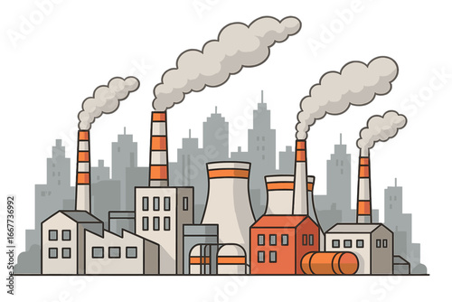 Industrial factory buildings with smokestacks and pipes releasing emissions. Air pollution concept with city landscape. Power plant, manufacturing industry. Vector cartoon illustration.