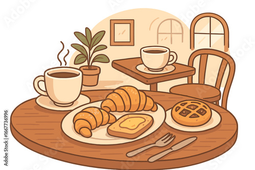 Cozy cafe breakfast scene with coffee and croissants. Morning brunch with fresh pastries, toast and butter. Vector cartoon illustration of a delightful food spread.