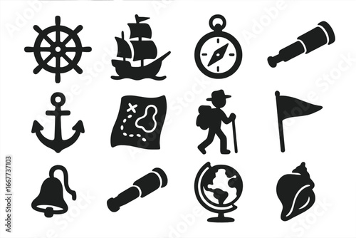 Nautical adventure icon set. Marine exploration and travel silhouette collection. Vector ship, compass, anchor, treasure map, and spyglass for sailing or pirate themes.