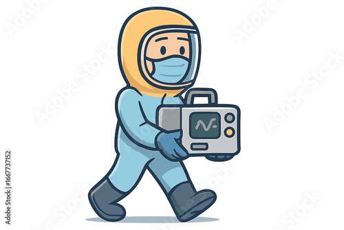 Scientist in full protective gear walking with lab equipment at research facility during scientific experiment, vector cartoon illustration, biohazard suit, medical mask, gloves