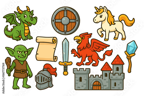 Fantasy cartoon icon set with mythical creatures. Cute dragon, unicorn, goblin, and griffin. Medieval elements like castle, sword, and shield. Vector RPG game assets.