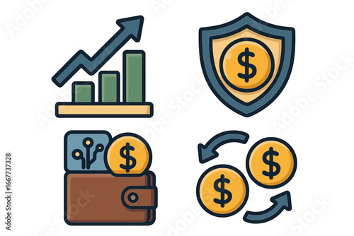 Financial icon set for digital economy. Fintech concepts of growth, security, and transactions. Vector icons for investment, money transfer, e-wallet, and insurance.