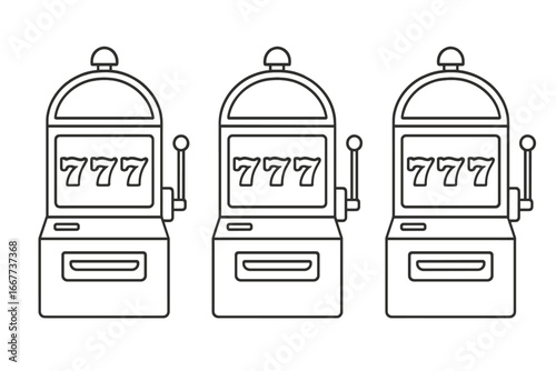 Modern slot machines with classic triple sevens symbol, outlined style vector cartoon illustration on transparent background, casino gambling game design, lucky jackpot