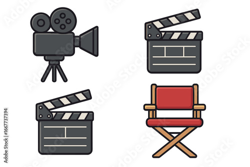 Movie production icons set with vintage cameras, clapperboards, and director's chair, digital vector cartoon illustration on transparent background, film industry essentials
