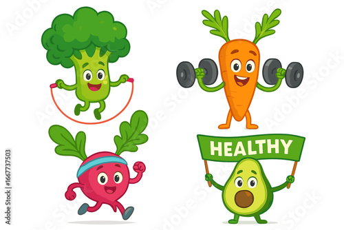 Cute vegetable characters doing sports. Healthy food and fitness concept. Funny carrot, broccoli, beetroot, avocado exercising. Vector cartoon mascot illustration character set.