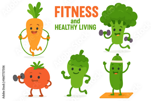 Set of cute vegetable characters doing fitness exercises. Healthy food concept for a healthy lifestyle. Funny cartoon mascots: carrot, broccoli, tomato, cucumber, pepper workout.