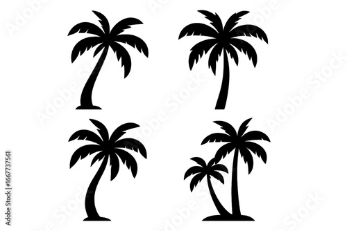 Palm tree silhouette icon set for tropical designs. Vector logo element. Summer vacation on a beach paradise. Nature exotic island plant. Black coconut tree shape collection.