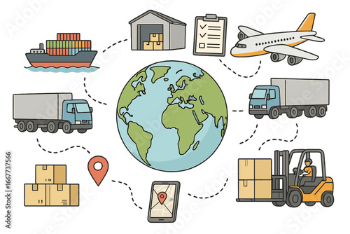 Global logistics network and supply chain management concept. Shipping, transportation, and cargo delivery. Air freight, sea container ship, truck, forklift and warehouse icons.