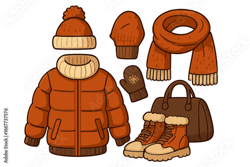 Stylish winter fashion accessories and clothing set including cozy puffer jacket, knitted hat, mittens, warm scarf, fur-lined boots, and handbag, vector cartoon illustration