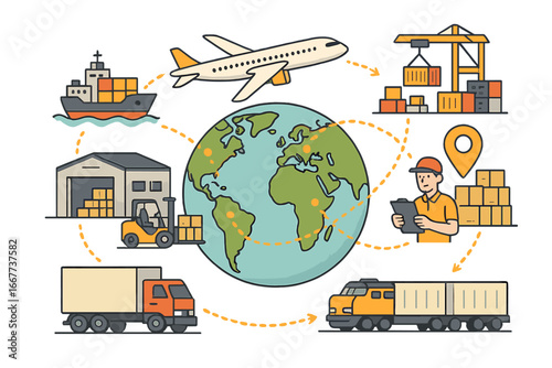 Global logistics network showing supply chain management. International shipping, freight transportation, and cargo delivery process. Vector illustration for import and export.