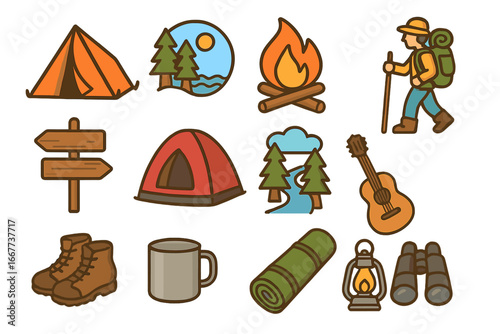 Outdoor camping icons showcasing nature adventures, hiking, campfire, tents, gear, and wildlife in playful, informative cartoon style for travel and leisure
