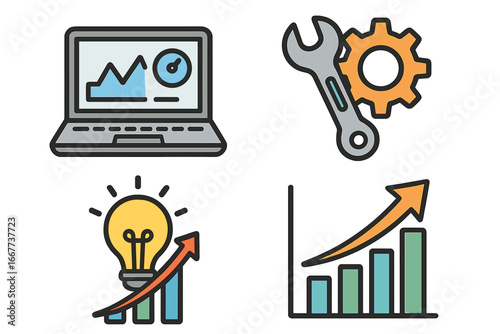 Symbols representing technology, tools, and progress in a digital workspace focused on performance enhancement, innovation, and business growth. Vector cartoon illustration.
