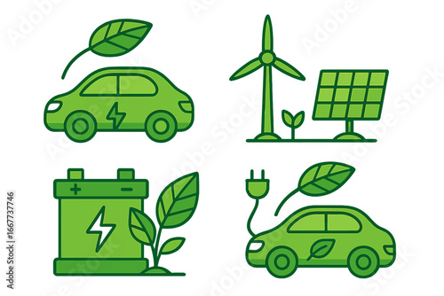 Green energy and electric car icon set. Eco friendly transportation concept. Sustainable and renewable power from solar panel and wind turbine. Vector EV battery charging icons.