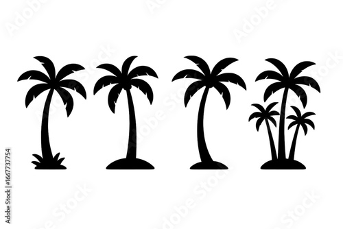 Palm tree silhouette icon set, tropical nature symbols, summer beach forest vector illustrations, cartoon style transparent background, ordered tropical design elements set