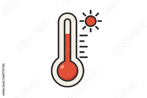 Thermometer icon indicating high temperature with red liquid, minimalist scale design, sun symbol, vector cartoon illustration on transparent background, heat indicator concept