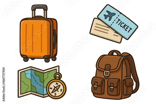 Travel icons representing essential journey items, including luggage, flight tickets, map, compass, and backpack, cartoon style vector illustration on transparent background, travel equipment set