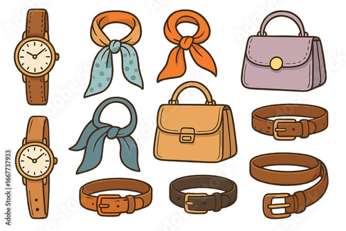 Stylish collection of fashionable accessories including watches, scarves, handbags, and belts on white background, vector cartoon illustration, elegant fashion essentials