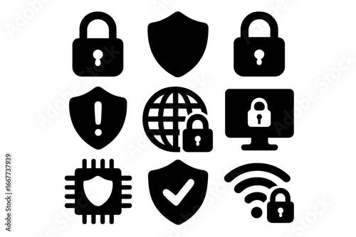 Security silhouette icon set. Cyber protection and data safety concept. Lock, shield, computer, network icons. Antivirus software symbol. Privacy, access, secure connection.