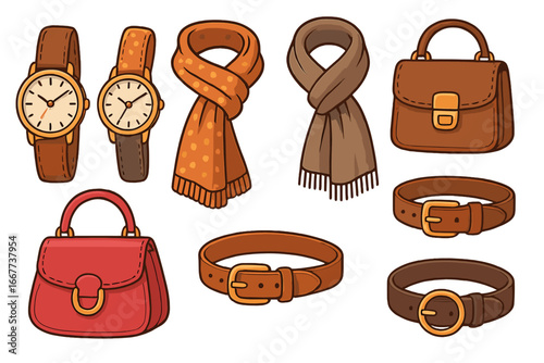 Stylish collection of women's fashion accessories including leather watches, elegant scarves, chic handbags, and trendy belts on white background, vector cartoon illustration