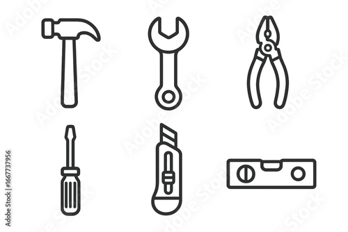 Vector cartoon tools and hardware outline icon set with hammer, wrench, pliers, screwdriver, cutter, and level, transparent background, ordered tool kit illustration