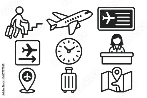 Airport and air travel icon set. Simple line art symbols for flight, tourism, and vacation concepts. Vector graphic elements of airplane, check-in, boarding, luggage, and map.