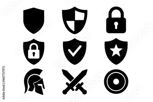 Security and protection icon set. Shield, lock, and sword symbols. Vector collection for safety, defense, privacy, and cybersecurity. Verified checkmark and spartan helmet.
