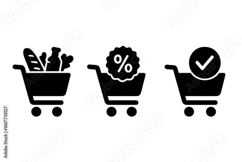 Shopping cart silhouette icon set for e-commerce and retail. Vector collection with groceries, discount percentage sign, and checkout validation checkmark for online store.