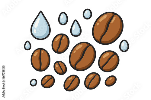 Creative layout of coffee beans and water drops vector illustration. Cartoon graphic set for brewing, cafe menu, or packaging design. Fresh roasted arabica drip concept.