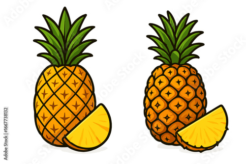 Two pineapple vector illustrations with slices. Cartoon fruit set for summer food design. Tropical ananas icon collection, fresh, juicy, and sweet for healthy diet concepts.