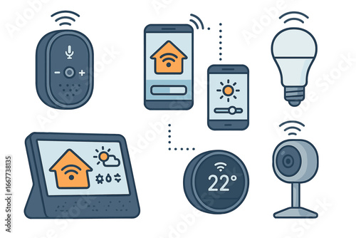 Smart home devices showcasing advanced automation technology for enhanced living convenience and security, wireless control, lighting, temperature, and surveillance, vector cartoon illustration