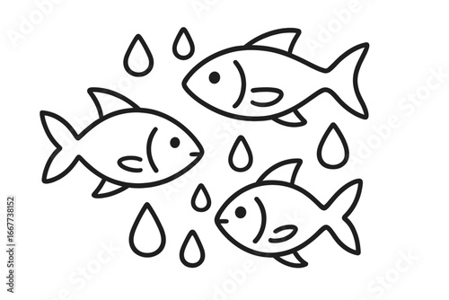Minimalist line art of fish and water droplets, cartoon style vector illustration, simple aquatic design for various creative projects, transparent background, black outline drawing