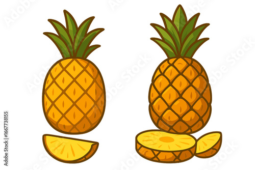 Pineapple vector illustration set. Two cartoon pineapples with slices. Tropical exotic fruit icon. Healthy food, sweet summer diet concept. Fresh raw ripe ananas. Juice design.