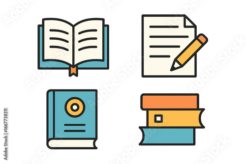 Various Forms of Written Content Creative Flat Design, Open Book, Document with Pencil, Hardcover Book, Stacked Books, Education and Literature Vector Illustration
