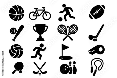 Sports and Recreation Silhouette Icon Set with Games and Equipment for Active Lifestyles, Vector Cartoon Illustration, Fitness and Outdoor Activities Symbols, Transparent Background