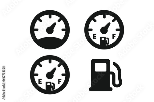 Speedometer and fuel gauge solid icon set. Car dashboard elements with full and empty gas tank indicator. Vehicle panel symbols, gas pump station sign. Vector illustration.