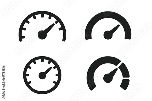 Speedometer gauge silhouette icon set. Car dashboard performance symbols. Tachometer, speed indicator sign. Vector collection for measuring fast progress, level, power, score.