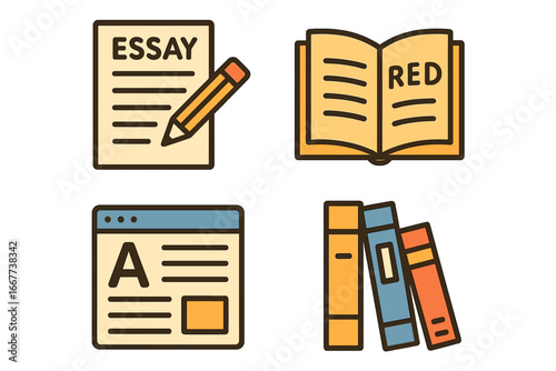 Various Forms of Written Content in Flat Design Style, Education and Literature Concept with Essay, Books, and Digital Text Icons Vector Cartoon Illustration