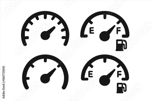 Speedometer and fuel gauge solid icon set. Car dashboard elements vector illustration. Speed, level, and gas indicator symbols for automotive design and infographics.