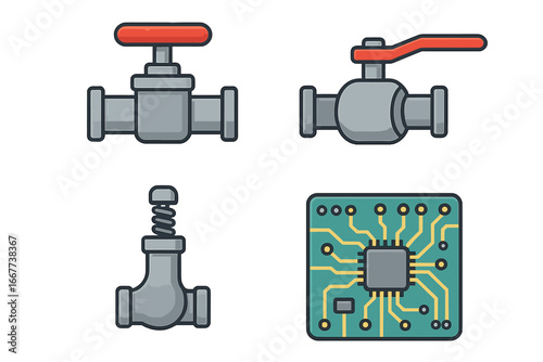 Set of industrial icons. Mechanical valve, pipeline, and electronic circuit board with microchip. Vector illustration for plumbing, technology, and engineering design elements.