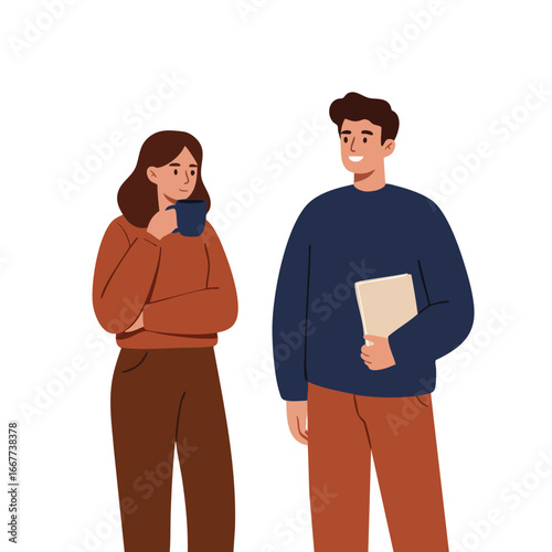 Young man and woman having casual conversation with coffee and documents in relaxed setting vector illustration 