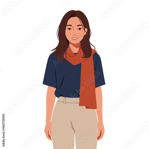 Young woman wearing navy blue shirt beige pants and red scarf casual modern style vector illustration 