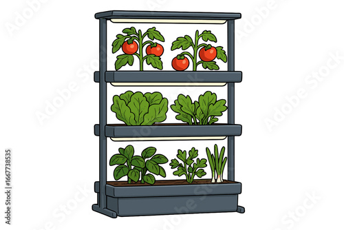 Indoor vertical garden system for growing fresh vegetables & herbs. Home hydroponics smart farm for urban agriculture. Healthy organic food, sustainable living vector cartoon.