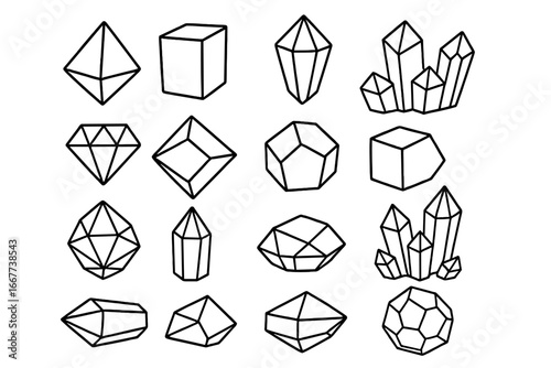 Various geometric and crystal shapes in black line art, vector cartoon illustration with transparent background, ordered set of polygonal crystals, gems, and faceted stones for design inspiration
