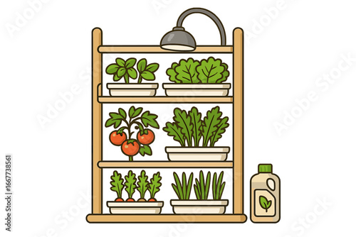 Indoor vertical garden with grow light for fresh vegetables & herbs. Home gardening system for urban farming. Healthy organic food concept. Vector cartoon illustration.