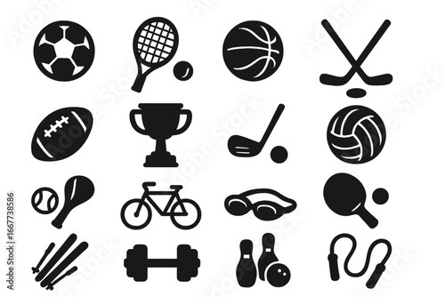 Sports silhouette icon set. Recreation and fitness pictograms. Vector collection of game equipment for active lifestyle. Soccer, basketball, tennis, golf, gym and cycling symbols.