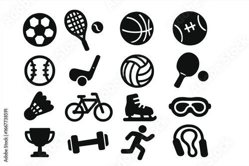 Big sports silhouette icon set. Recreation and games equipment for active lifestyle. Football, tennis, basketball, baseball, golf, cycling, fitness. Vector pictogram collection.