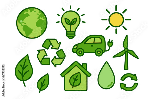 Collection of eco friendly icons. Green energy and sustainability concept. Ecology, environment, and planet conservation symbols. Renewable resource, recycling, and electric car.